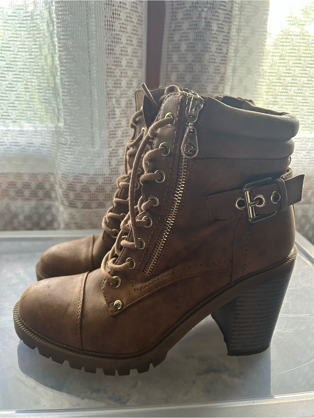 GBG Los Angeles Brown Lace-Up Heeled Ankle Boots with Side Buckle
